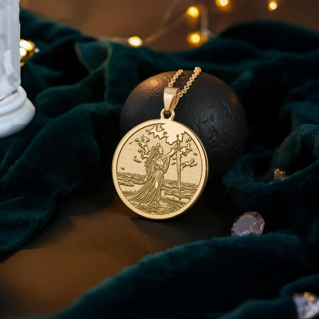 Lady of the Lake Excalibur Charm Necklace Necklaces 14K 14K Gold Plated round pendant with engraved landscape and figure among trees on velvet background