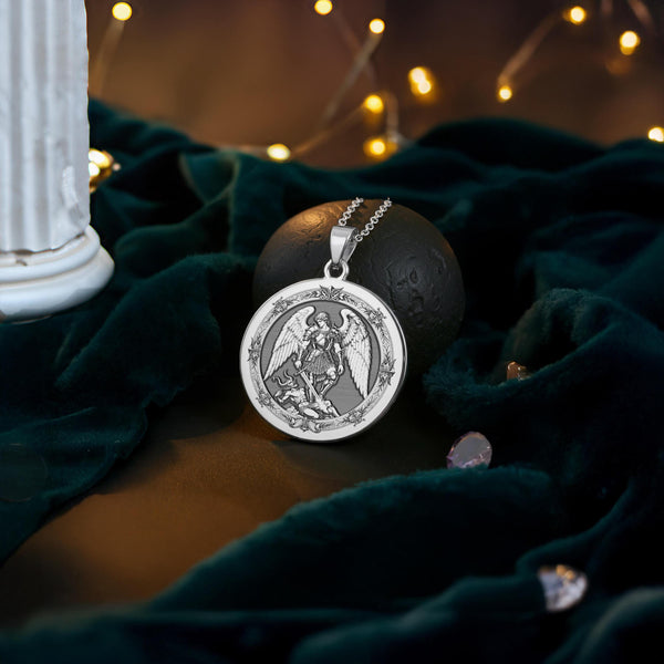 Archangel Michael Necklace: 14K Gold Saint Michael Coin Pendant - View 3
