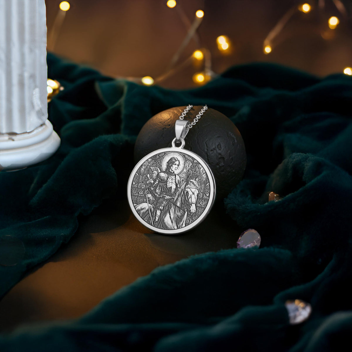 Joan of Arc Necklace: 14K Gold Saint of Courage Pendant, Warrior Coin Charm - View 5