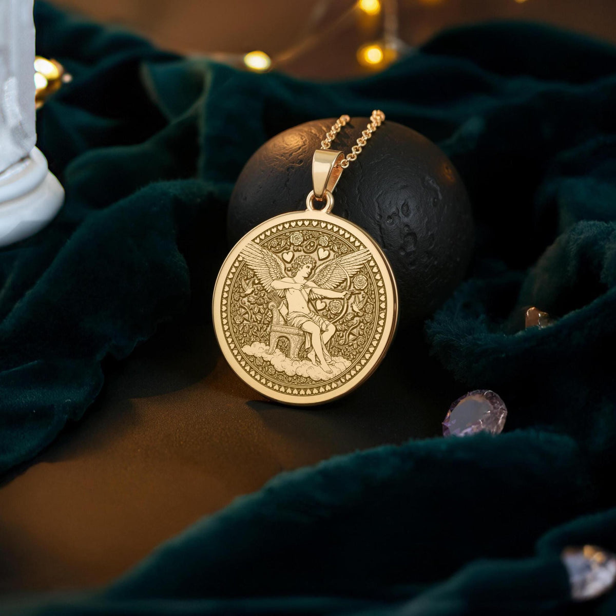 Eros Pendant Necklace: 14K Gold God of Love Coin, Romantic Cupid Charm - View 232