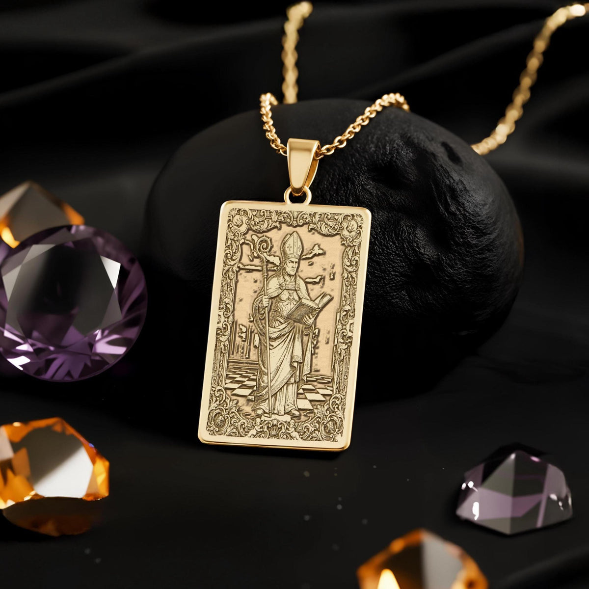 Chess Bishop Strategist Pendant Necklaces 14K 14K Gold Plated rectangular pendant featuring a classical figure design on black velvet.