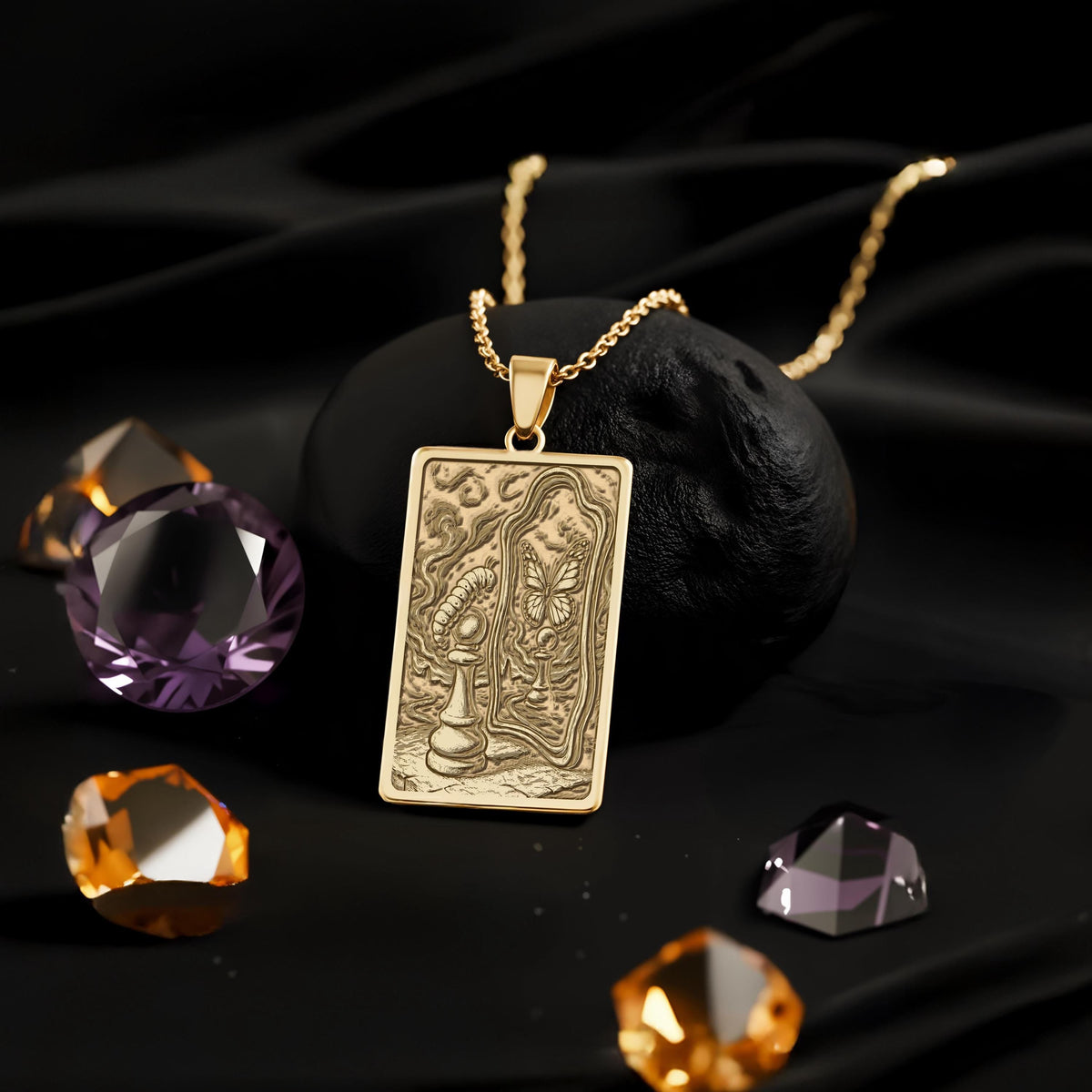 Metamorphosis Necklace: 14K Gold Pawn in Mirror, Art Inspired - View 214