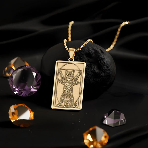 Vitruvian Cat Necklace: 14K Gold Da Vinci Parody Funny Art Pendant - View 214