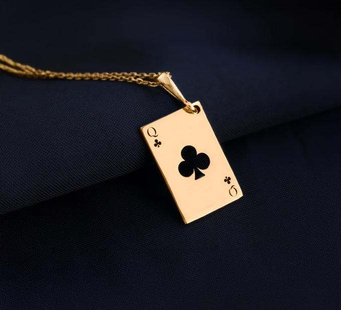 Queen of Clubs Necklace: 14K Gold with poker card charm queen of clubs gift occult - View 153