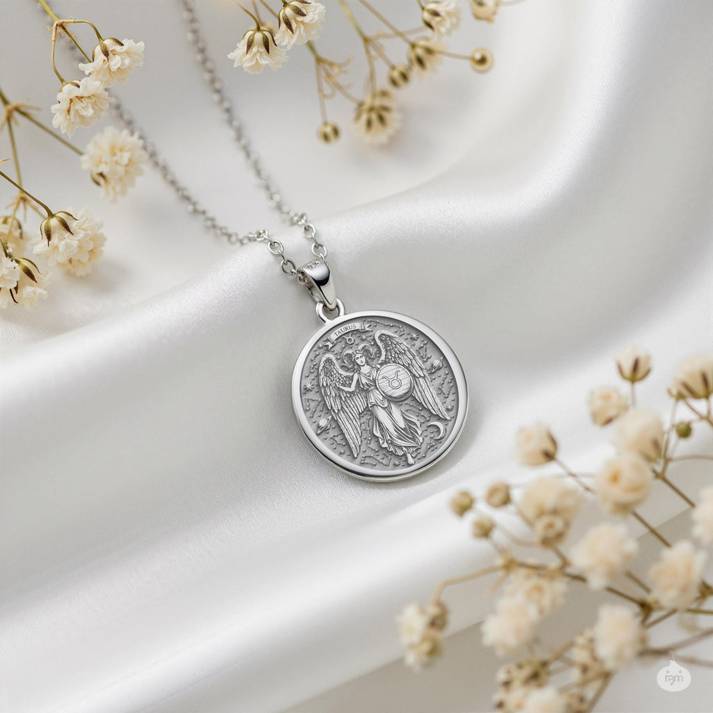 Taurus Zodiac Medallion Necklace: 14K Gold with horoscope art star sign astrology - View 214