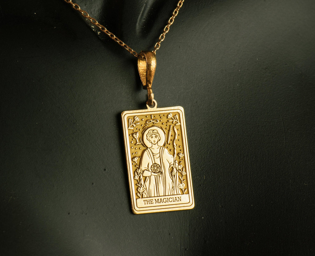 Magician Tarot Rider Waite Necklace Necklaces 14K 14K Gold Plated engraved portrait pendant necklace with classical figure design