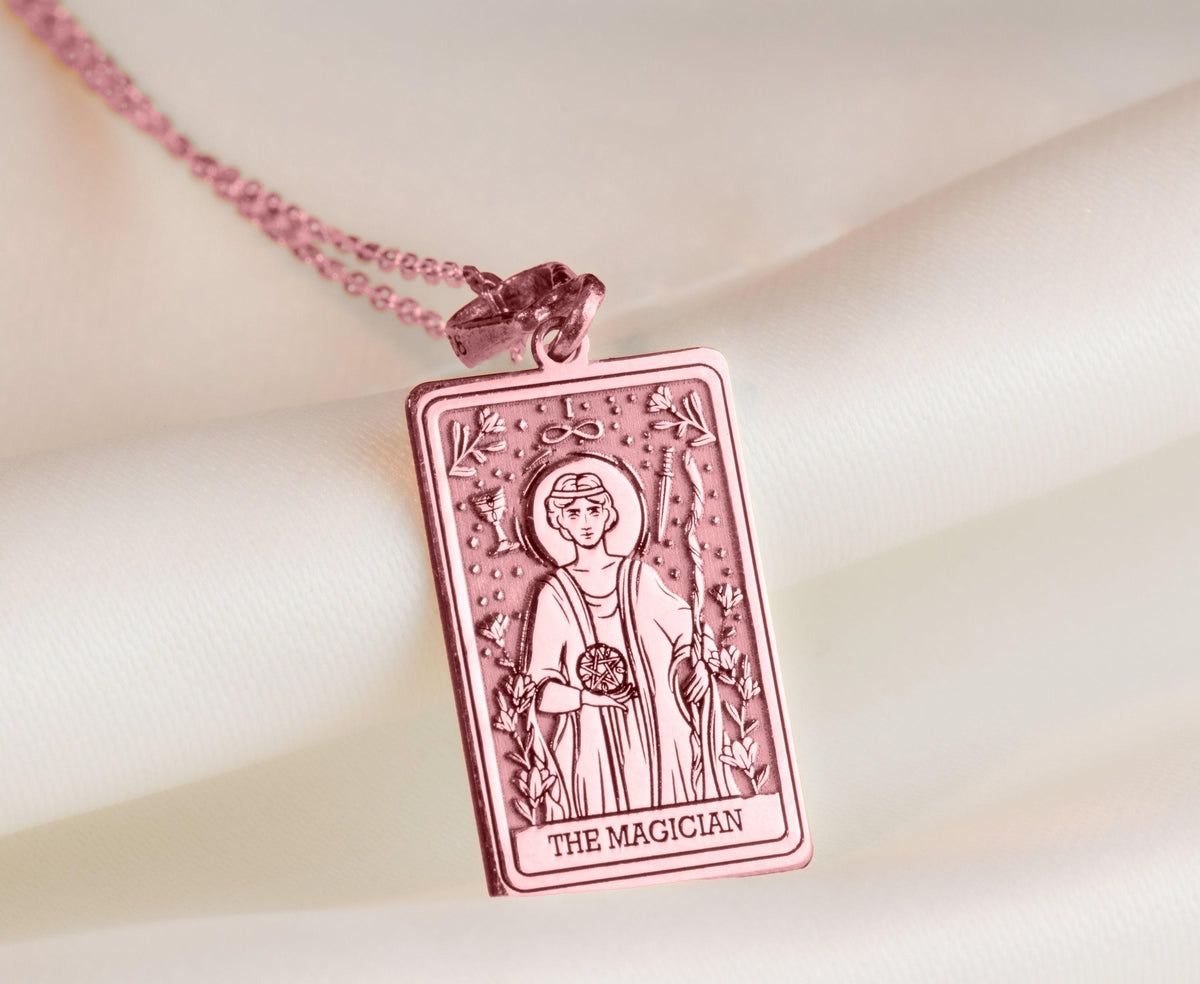 Magician Tarot Rider Waite Necklace Necklaces 14K Rose 14K 14K Rose Gold Plated rectangular pendant featuring The Magician figure design on a delicate chain.