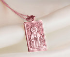Magician Tarot Rider Waite Necklace Necklaces 14K Rose 14K 14K Rose Gold Plated rectangular pendant featuring The Magician figure design on a delicate chain.