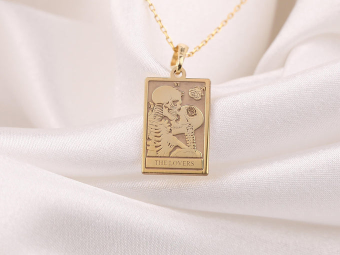 Lovers Tarot Card Pendant Necklaces 14K 14K Gold Plated square pendant featuring intertwined lovers skulls design and text necklace
