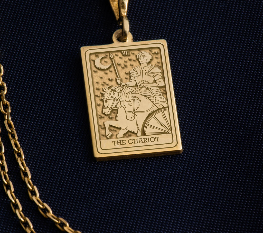 Chariot Sphinx Tarot Pendant Necklaces 14K 14K Gold Plated rectangular pendant featuring the chariot design and crescent moon motif necklace