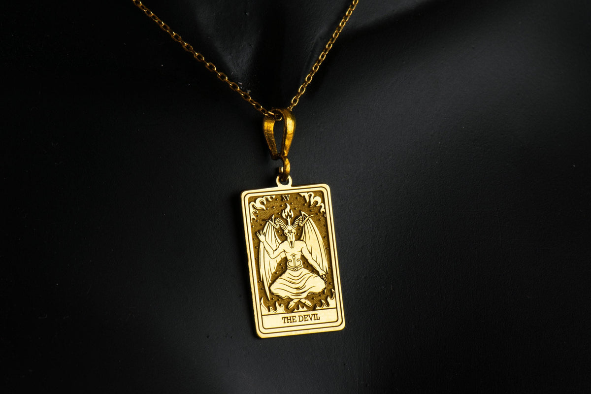 Devil Tarot Rider Waite Occult Amulet Necklace Necklaces 14K 14K Gold Plated rectangular pendant featuring a winged figure design with gothic style.