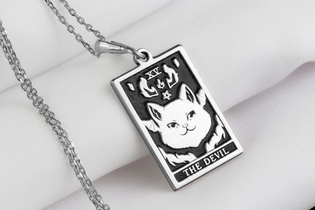 925 925 Sterling Silver Horned Devil Cat Pendant Necklaces Oxidized silver square pendant featuring a stylized cat face and 'THE DEVIL' text necklace