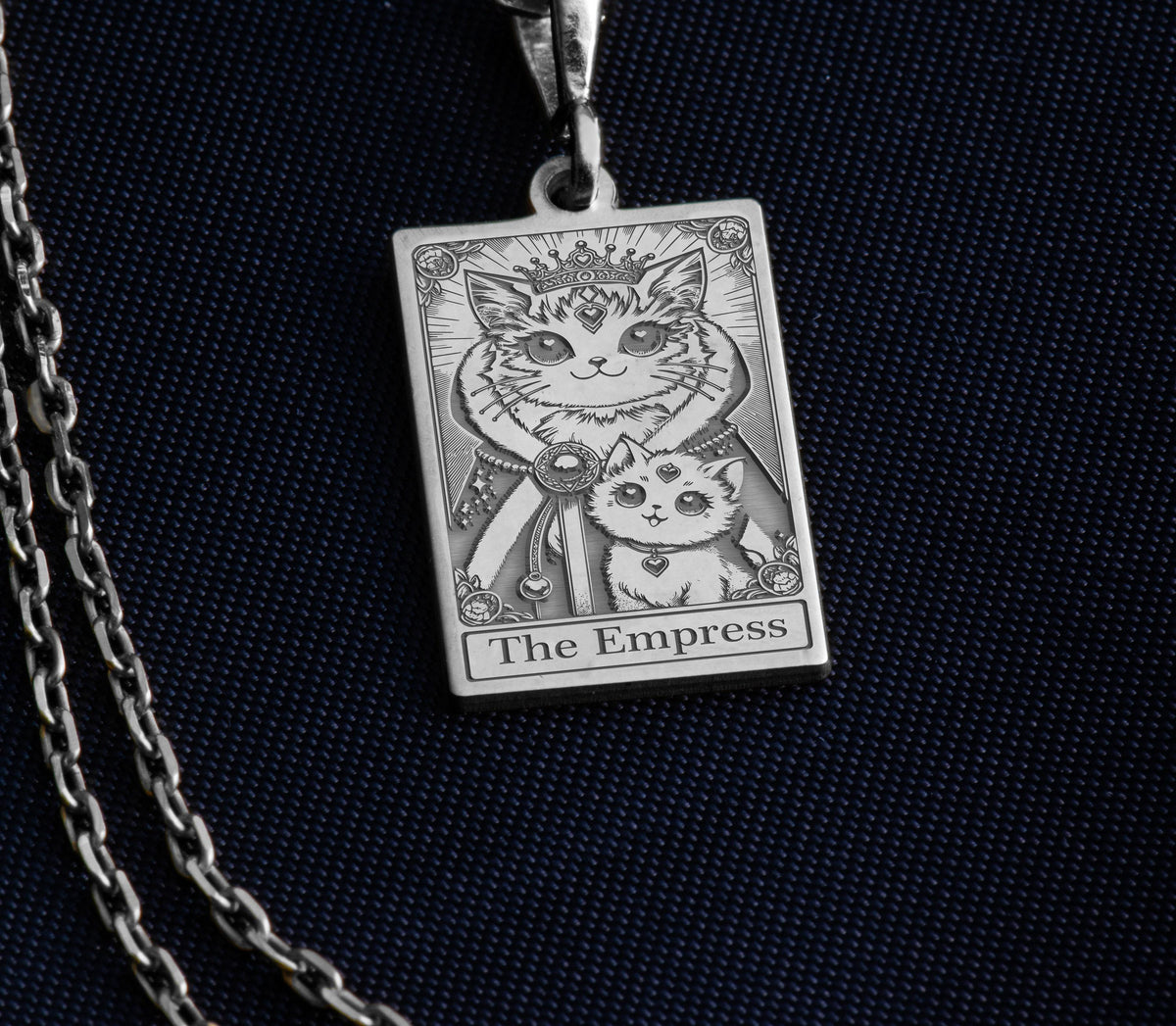 Empress Card Major Arcana Pendant Necklaces 925 925 Sterling Silver rectangular pendant featuring two cats design and 'The Empress' text necklace