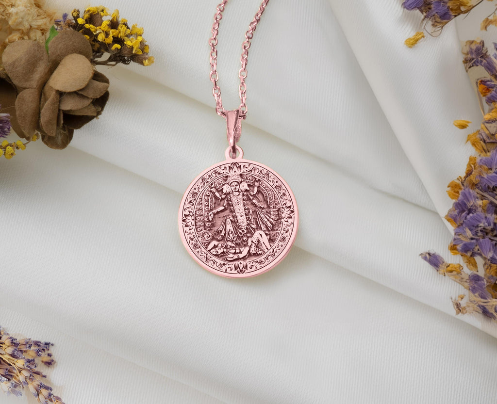 Kali Ma Memento Mori Pendant Necklaces 14K Rose 14K 14K Rose Gold Plated pendant necklace with detailed circular relief design and delicate chain.