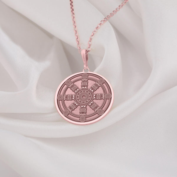 Dharma Wheel Necklace: 14K Gold with dharma wheel charm wheel spoked talisman amulet - View 214