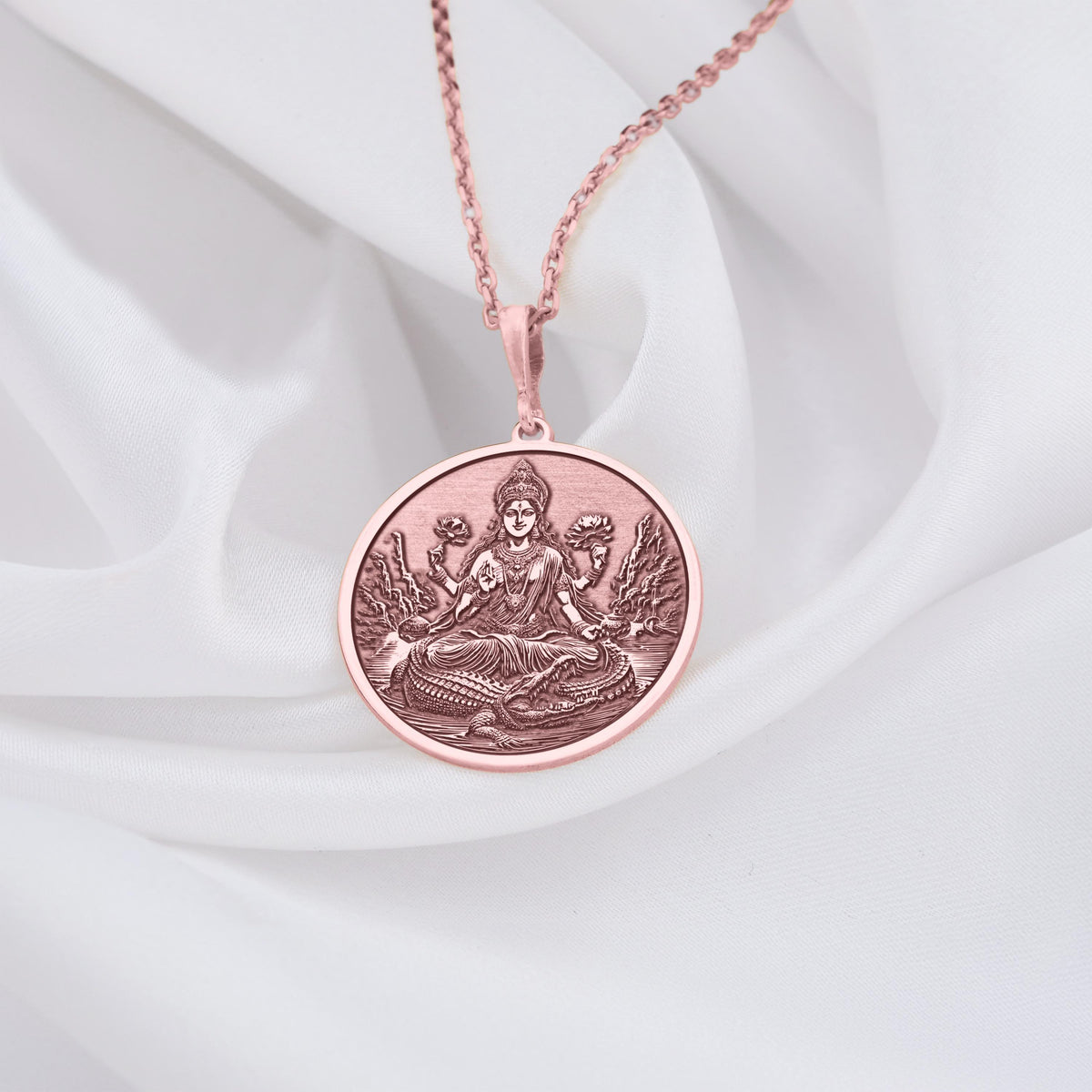 Ganga Goddess Pendant Necklace Necklaces 14K Rose 14K 14K Rose Gold Plated pendant necklace featuring a seated spiritual figure design.