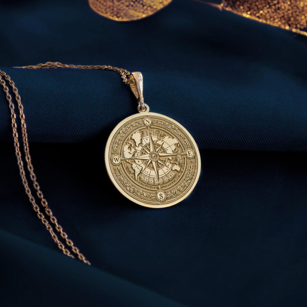 World Map Compass Necklace 14K Gold Personalized Travel Pendant, Navigation Charm, Wanderer Gift - View 207