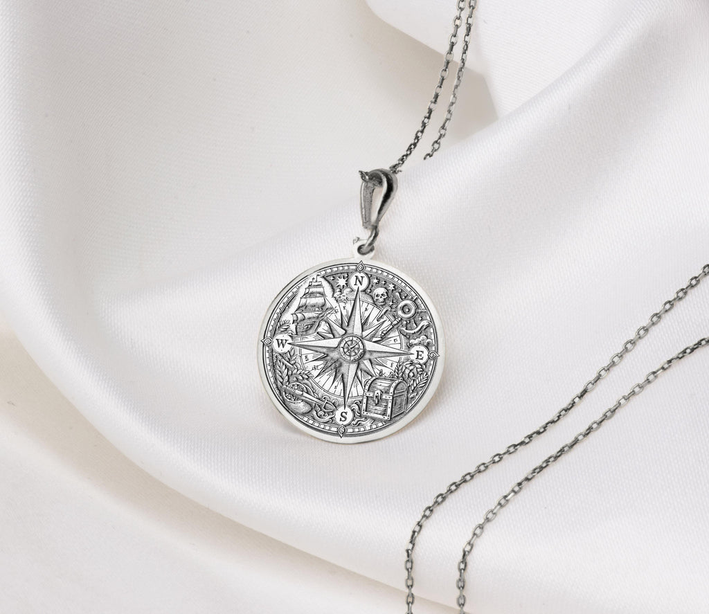 Compass Amulet Necklace Necklaces 925 925 Sterling Silver round pendant with compass rose and celestial star design necklace