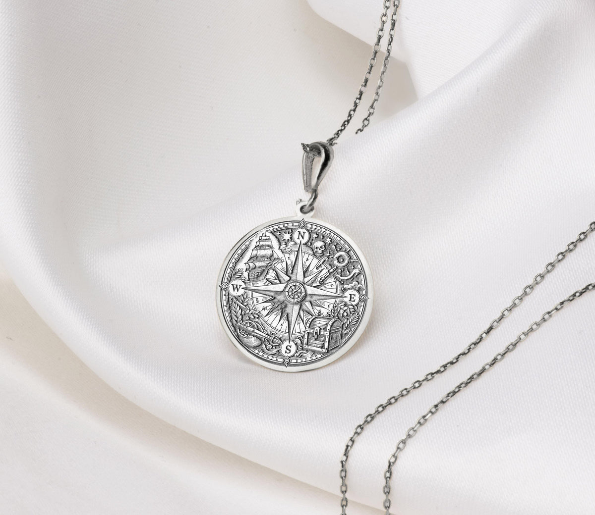 Compass Amulet Necklace Necklaces 925 925 Sterling Silver round pendant with compass rose and celestial star design necklace