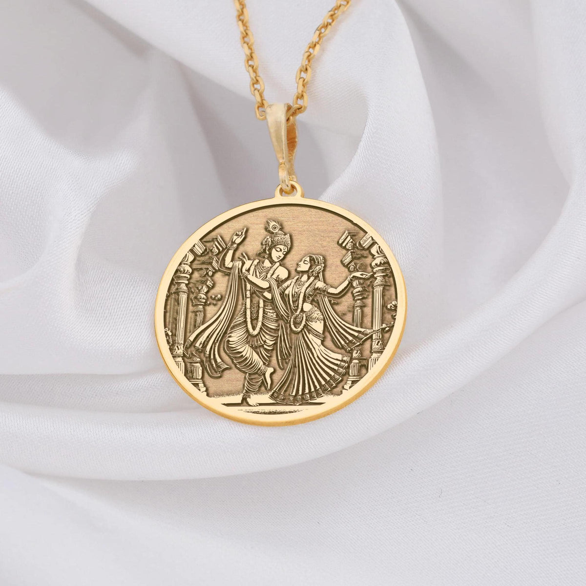 Krishna Radha Necklace: 14K Gold with radha krishna couple swing pendant talisman - View 153