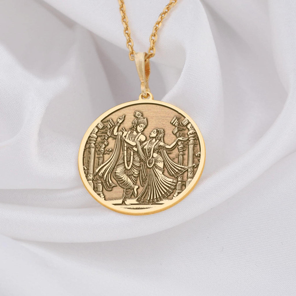 Krishna Radha Necklace: 14K Gold with radha krishna couple swing pendant talisman - View 153