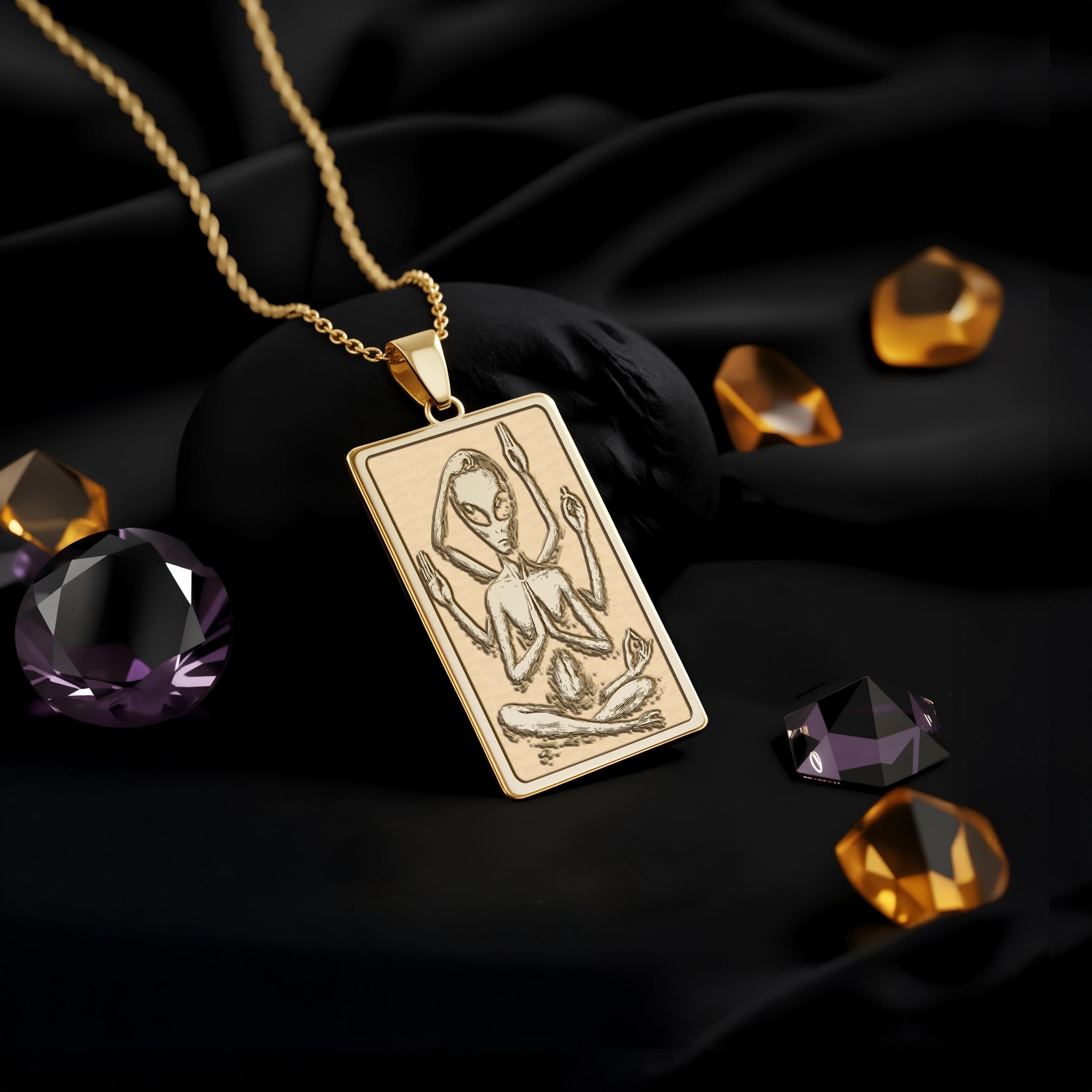 Meditating Alien Necklace: 14K Gold, Zen Sci-Fi Art, Yoga Space Gift - View 2