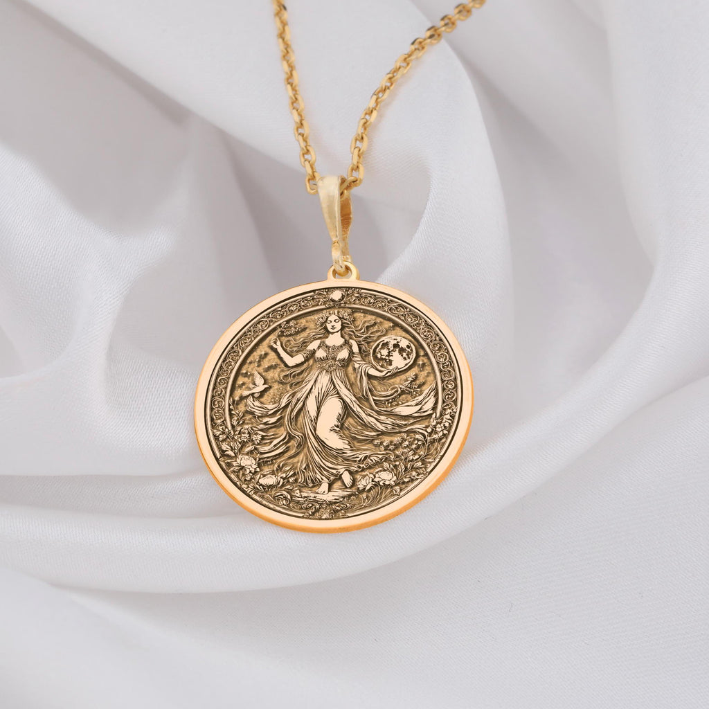 Gaia Earth Goddess Amulet Necklace Necklaces 14K 14K Gold Plated pendant necklace featuring a classical female figure design on a round disc.