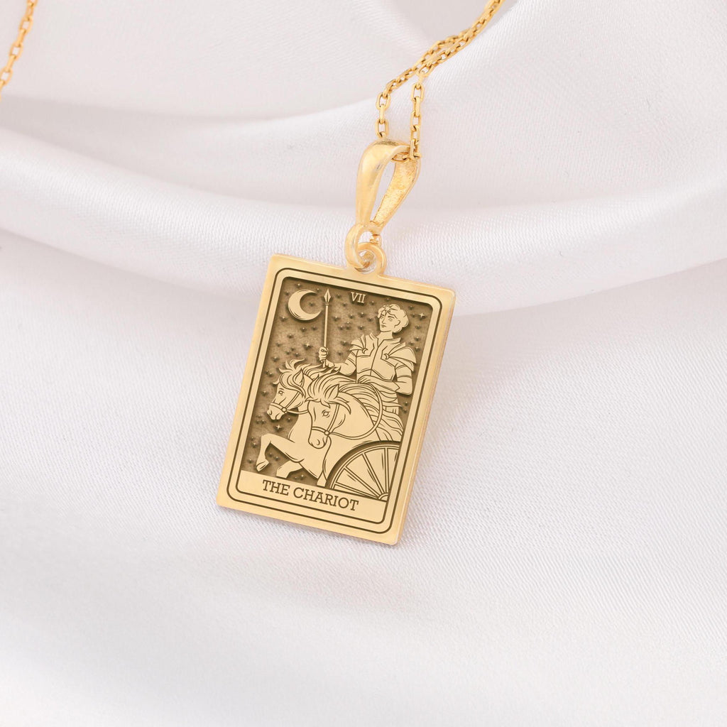 Chariot Sphinx Tarot Pendant Necklaces 14K 14K Gold Plated rectangular pendant featuring a classical chariot design necklace.