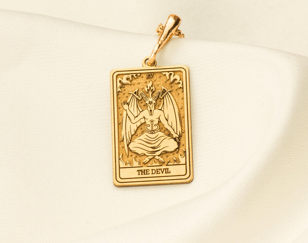 Devil Tarot Rider Waite Occult Amulet Necklace Necklaces 14K 14K Gold Plated winged devil pendant with rectangular frame and gothic design necklace