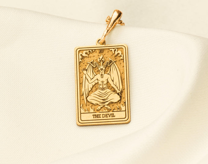 Devil Tarot Rider Waite Occult Amulet Necklace Necklaces 14K 14K Gold Plated winged devil pendant with rectangular frame and gothic design necklace