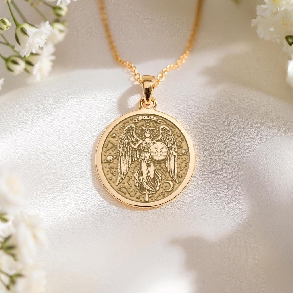 Taurus Zodiac Medallion Necklace: 14K Gold with horoscope art star sign astrology - View 153