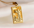 Hermit Figure Necklace Necklaces 14K 14K Gold Plated rectangular pendant featuring a hermit figure and crescent moon design necklace