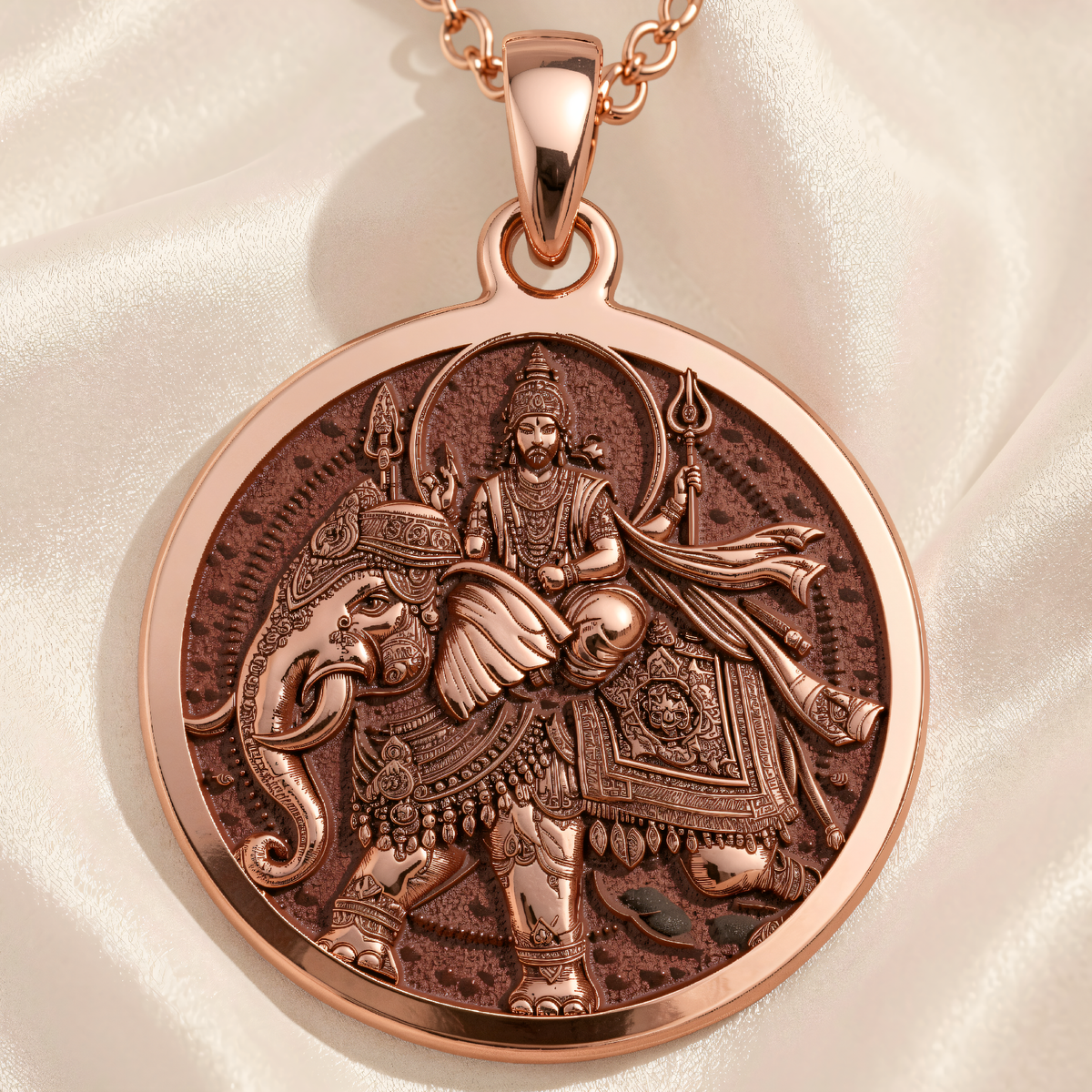 Indra God Vajra Thunderbolt Pendant in rose gold plated finish. Front view shows Lord Indra on an elephant holding a vajra.