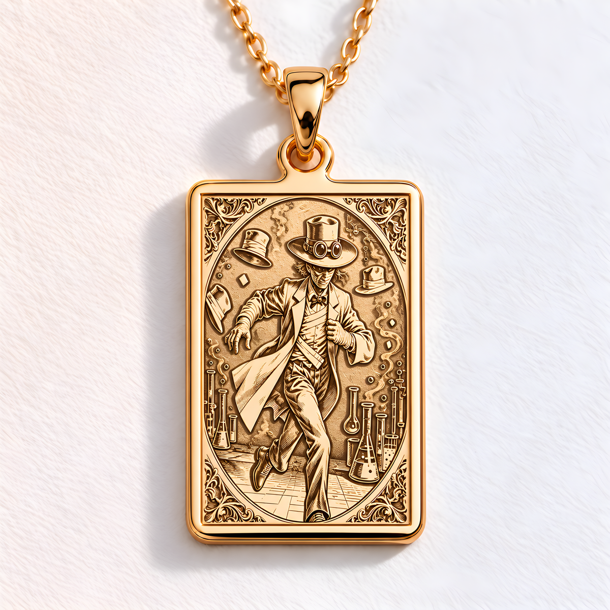 Invisible Man Sci-Fi Horror Necklace in a gold finish, shown from the front with detailed engraving on the pendant.