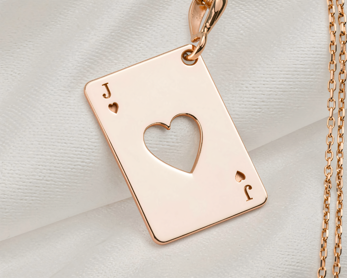 Jack of Hearts Poker Player Necklace | Silver & Plated Options - Occult Symbolic Gift - 14K Rose Gold Plated Front View