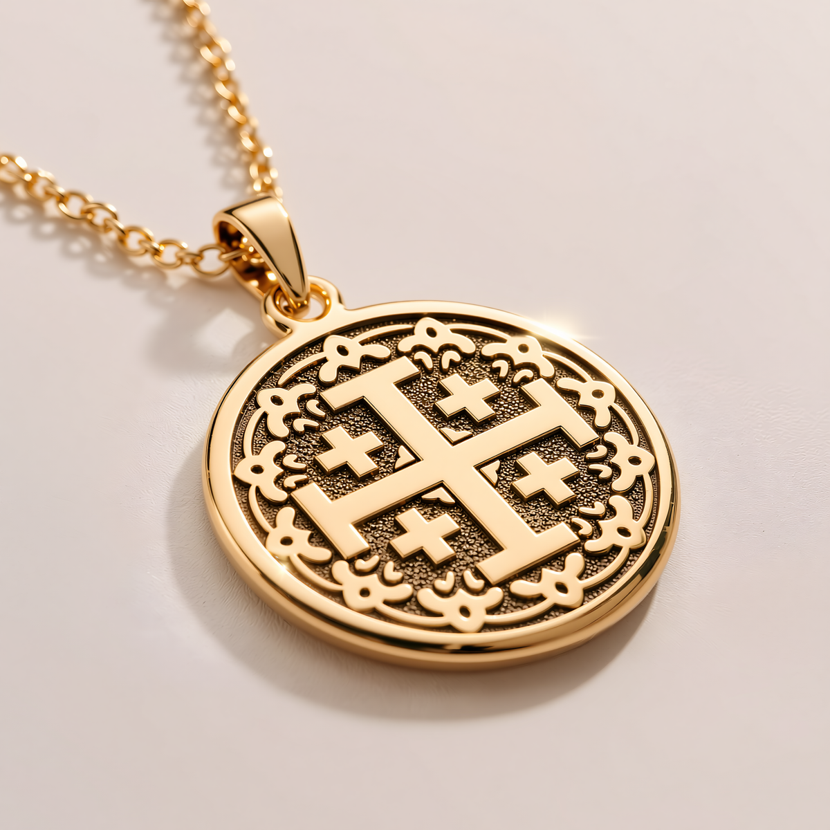 Jerusalem Cross Pendant - 14K Solid Gold, Left Angle View