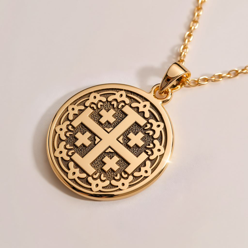 Jerusalem Cross Pendant - 14K Solid Gold, Right Angle View
