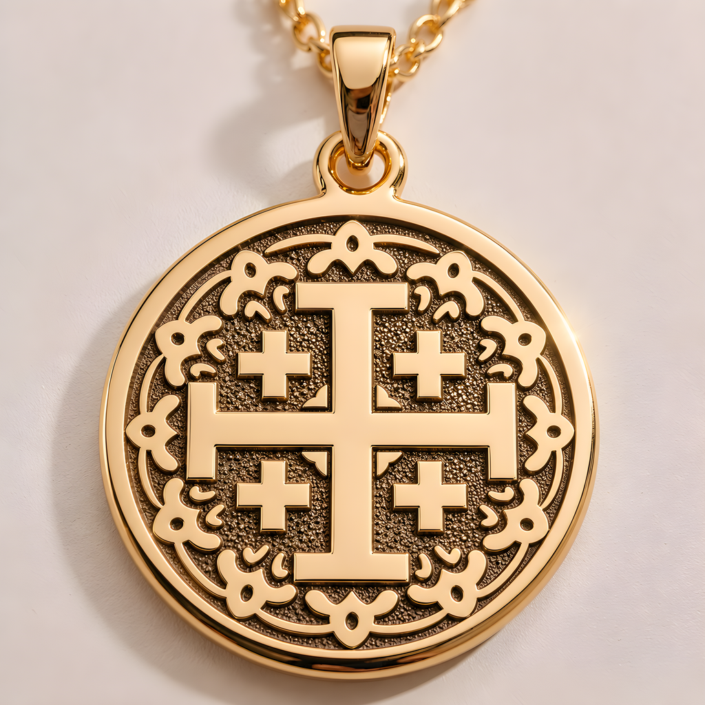 Jerusalem Cross Pendant in a gold finish, shown from the front with detailed engraving on the pendant.