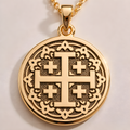 Jerusalem Cross Pendant in a gold finish, shown from the front with detailed engraving on the pendant.