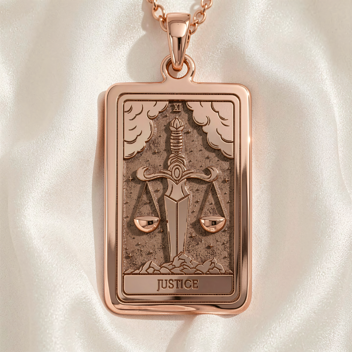 Justice Tarot Major Arcana Pendant | Silver & Plated Options - Occult Talisman Spiritual Protection - 14K Rose Gold Plated Front View