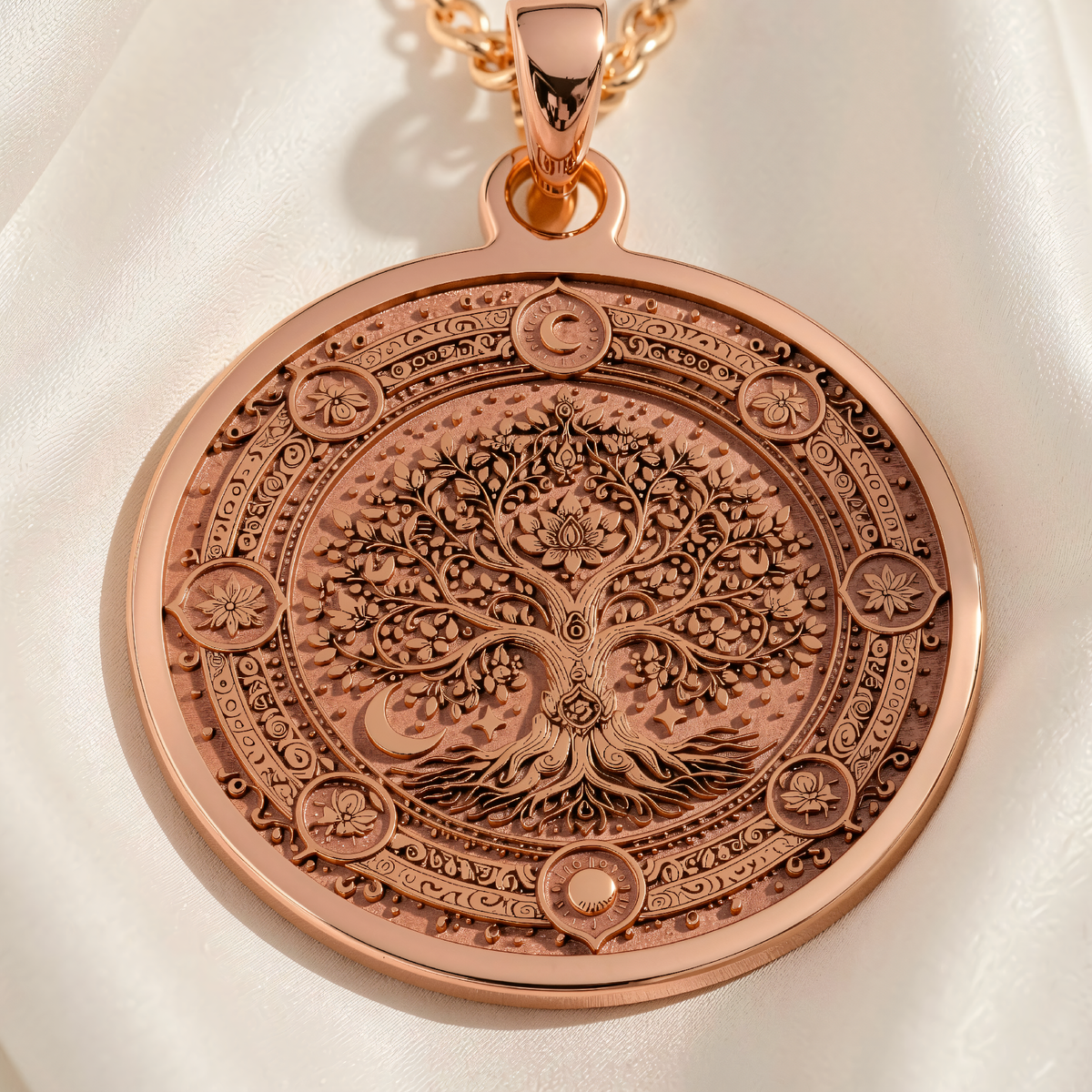 Kalpavriksha Tree of Life Pendant in Rose Gold Plated. Front view shows engraved tree with lotus and ornate circular border.