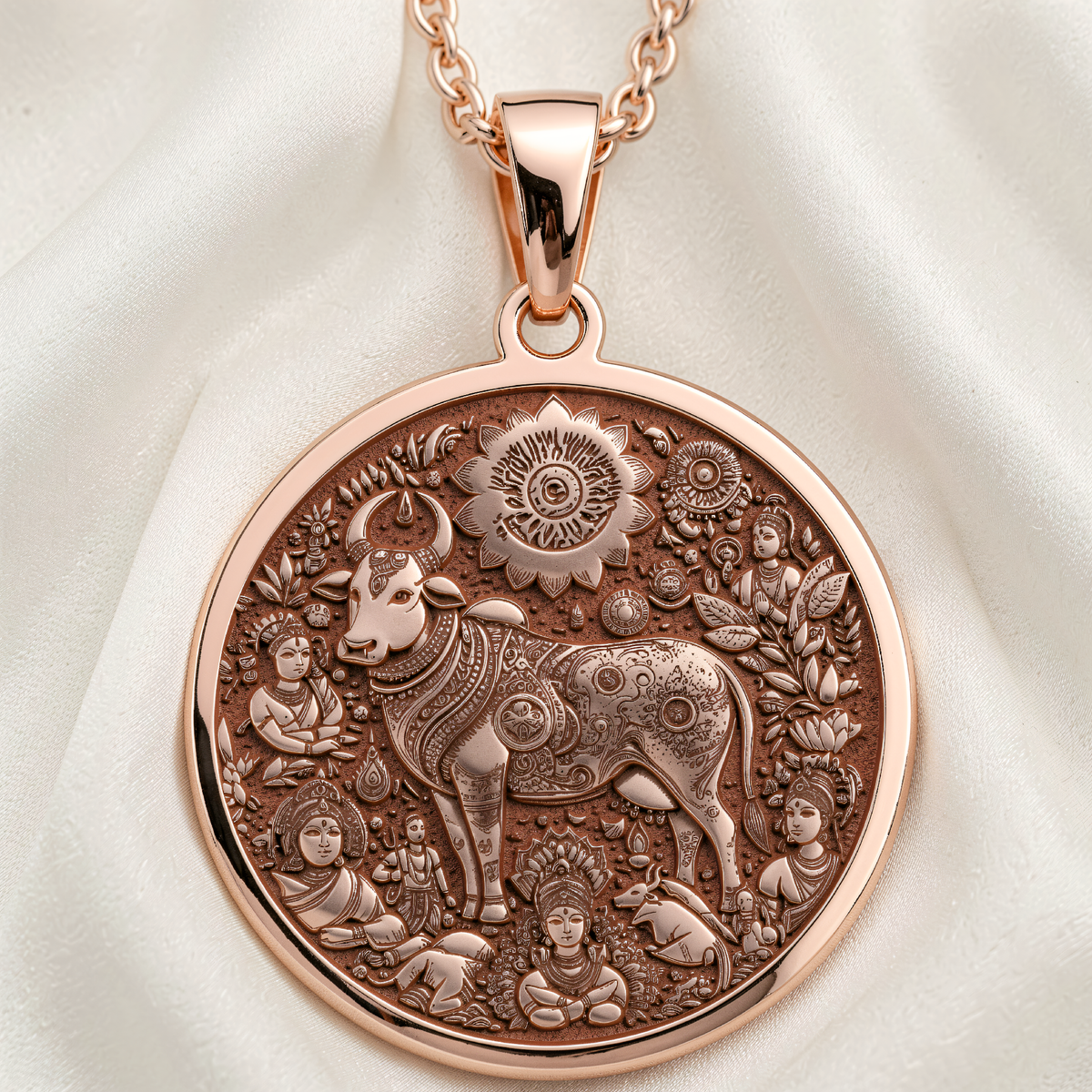 Front view of Kamadhenu Cow Hindu pendant in 14K rose gold plated with detailed engravings