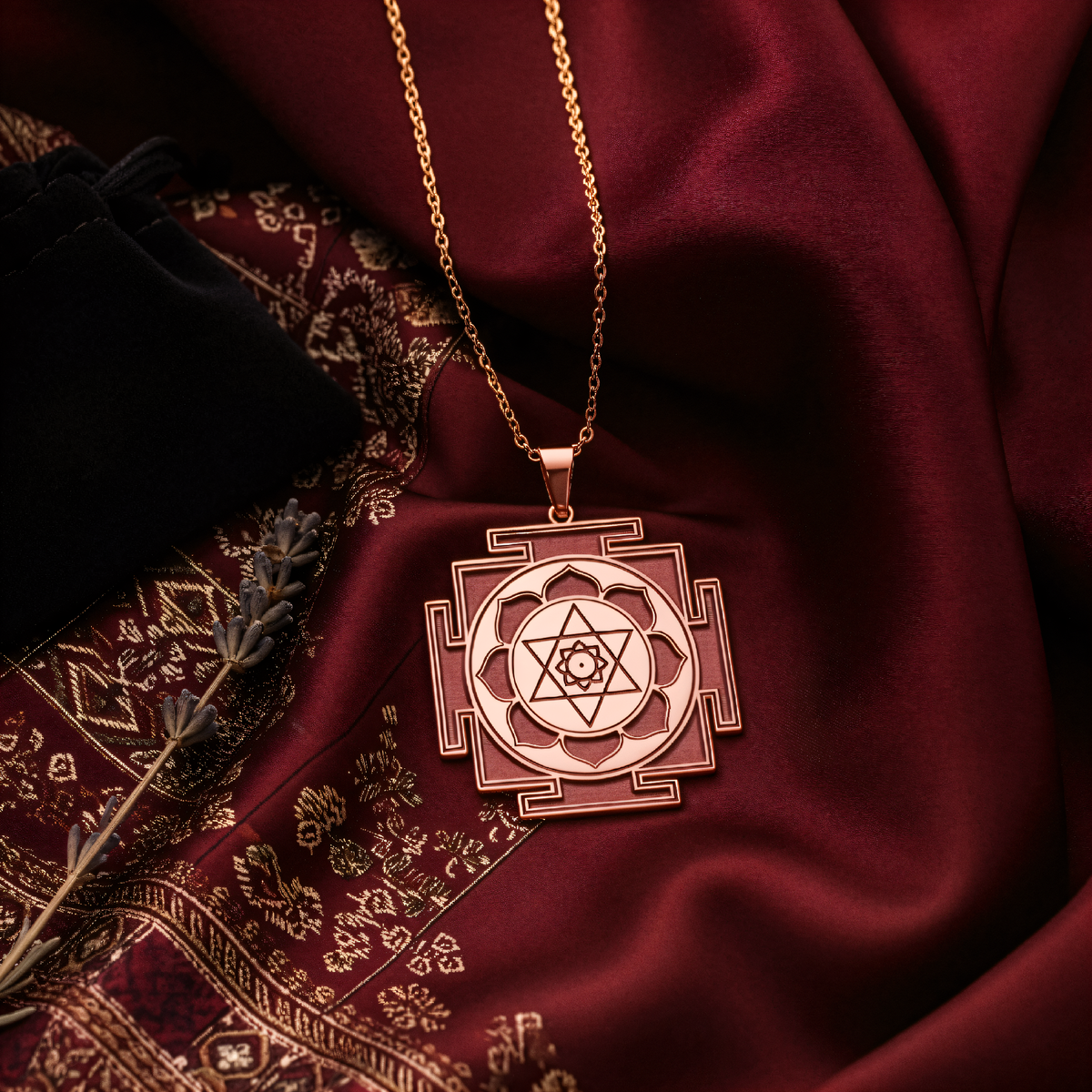 Kamala Yantra Lotus Yoga Amulet Necklace - 14K Rose Gold Plated