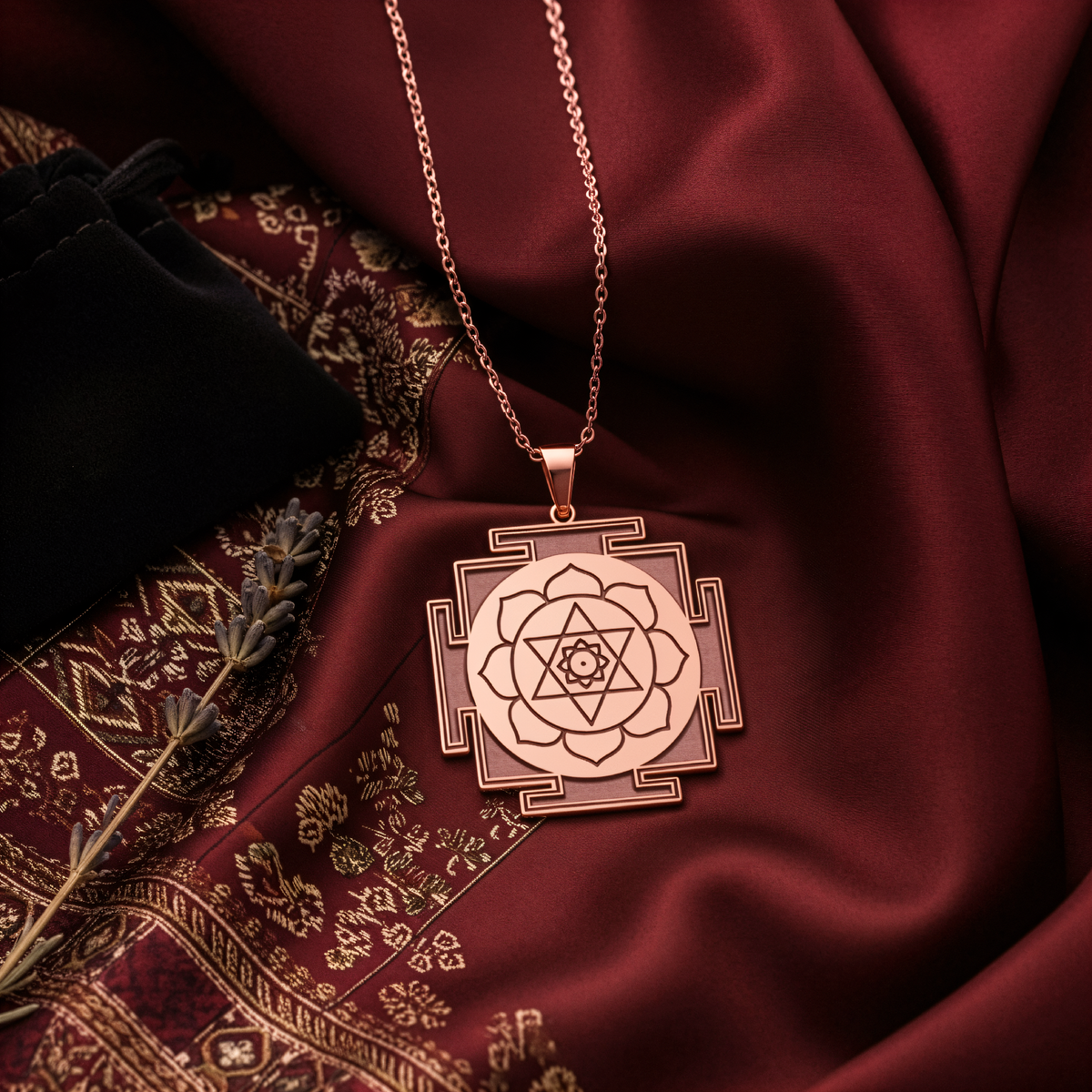 Kamala Yantra Protection Amulet Necklace - 14K Rose Gold Plated