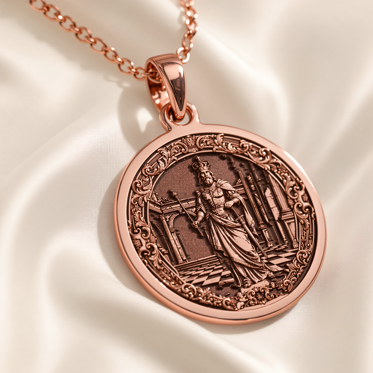 King Chess Coin Leadership Pendant in a polished rose gold finish.