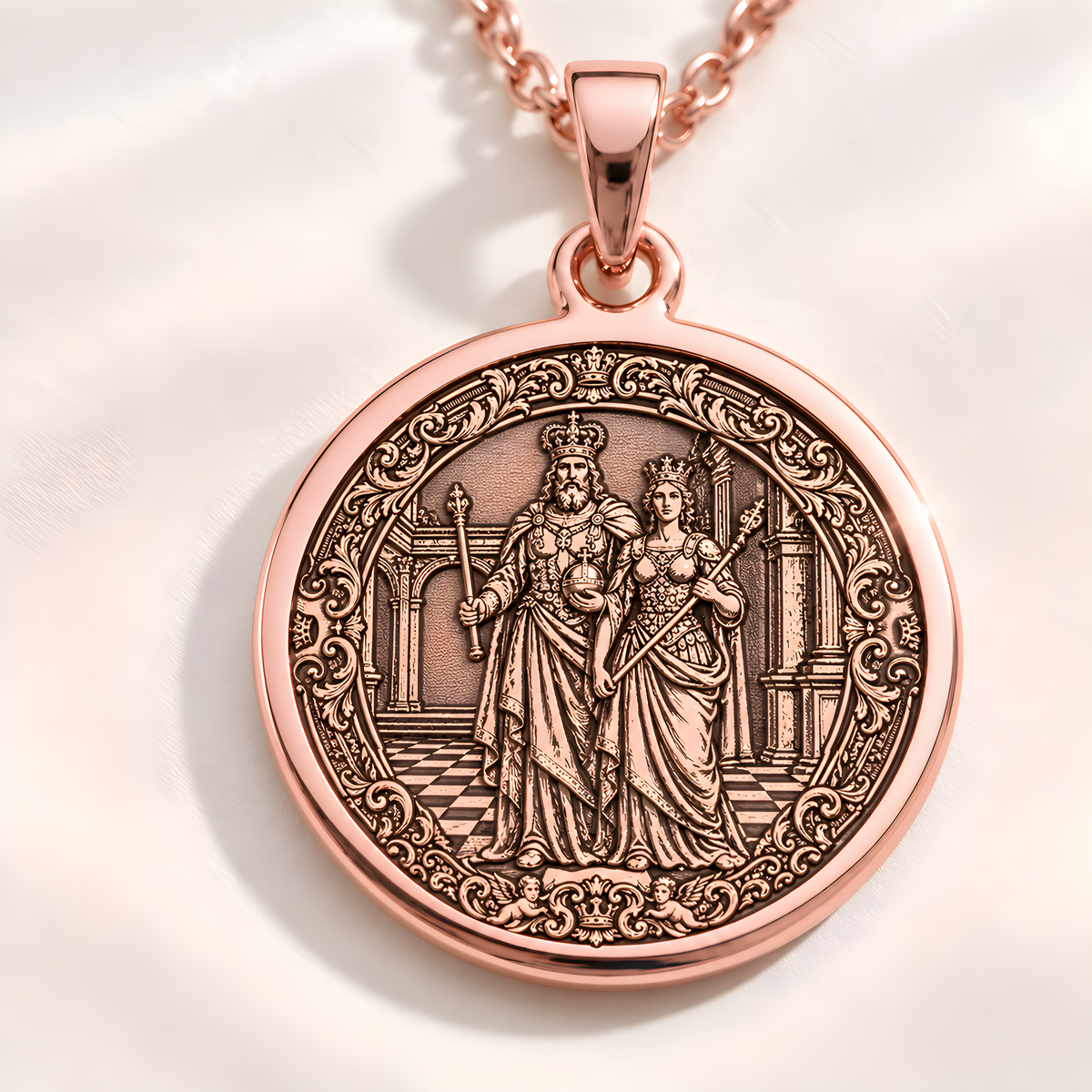 King & Queen Chess Love Coin Necklace - 14K Rose Gold Plated
