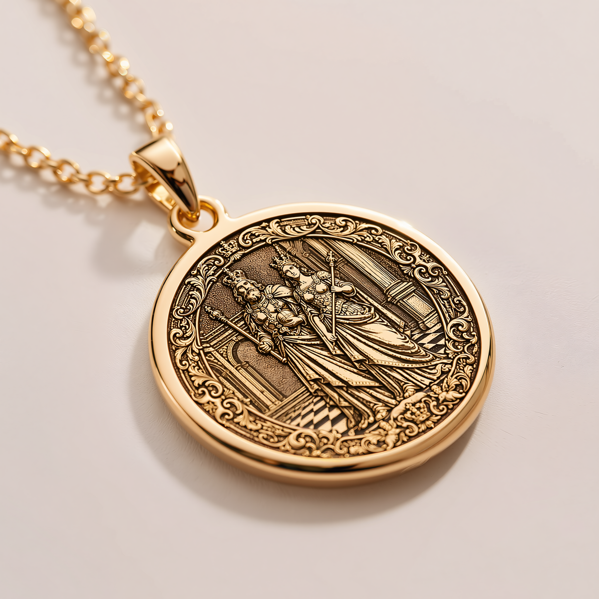 King & Queen Chess Love Coin Necklace - 14K Solid Gold, Left Angle View