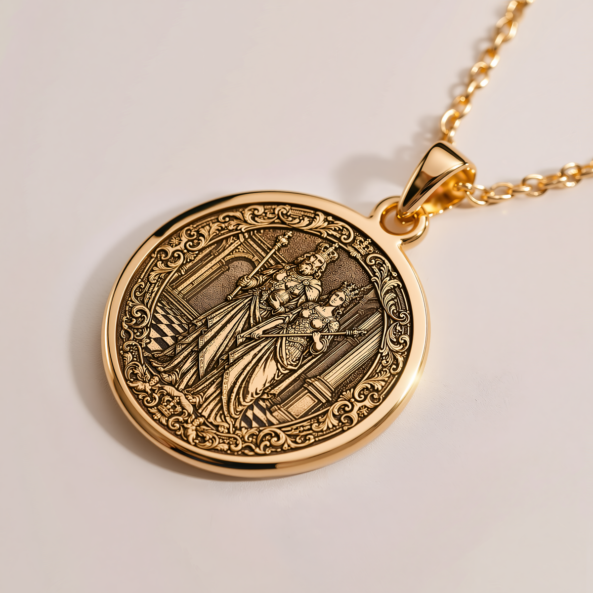 King & Queen Chess Love Coin Necklace - 14K Solid Gold, Right Angle View
