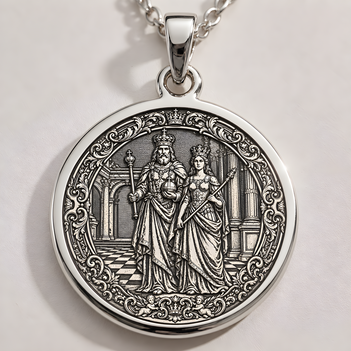 King & Queen Chess Love Coin Necklace - 925 Sterling Silver