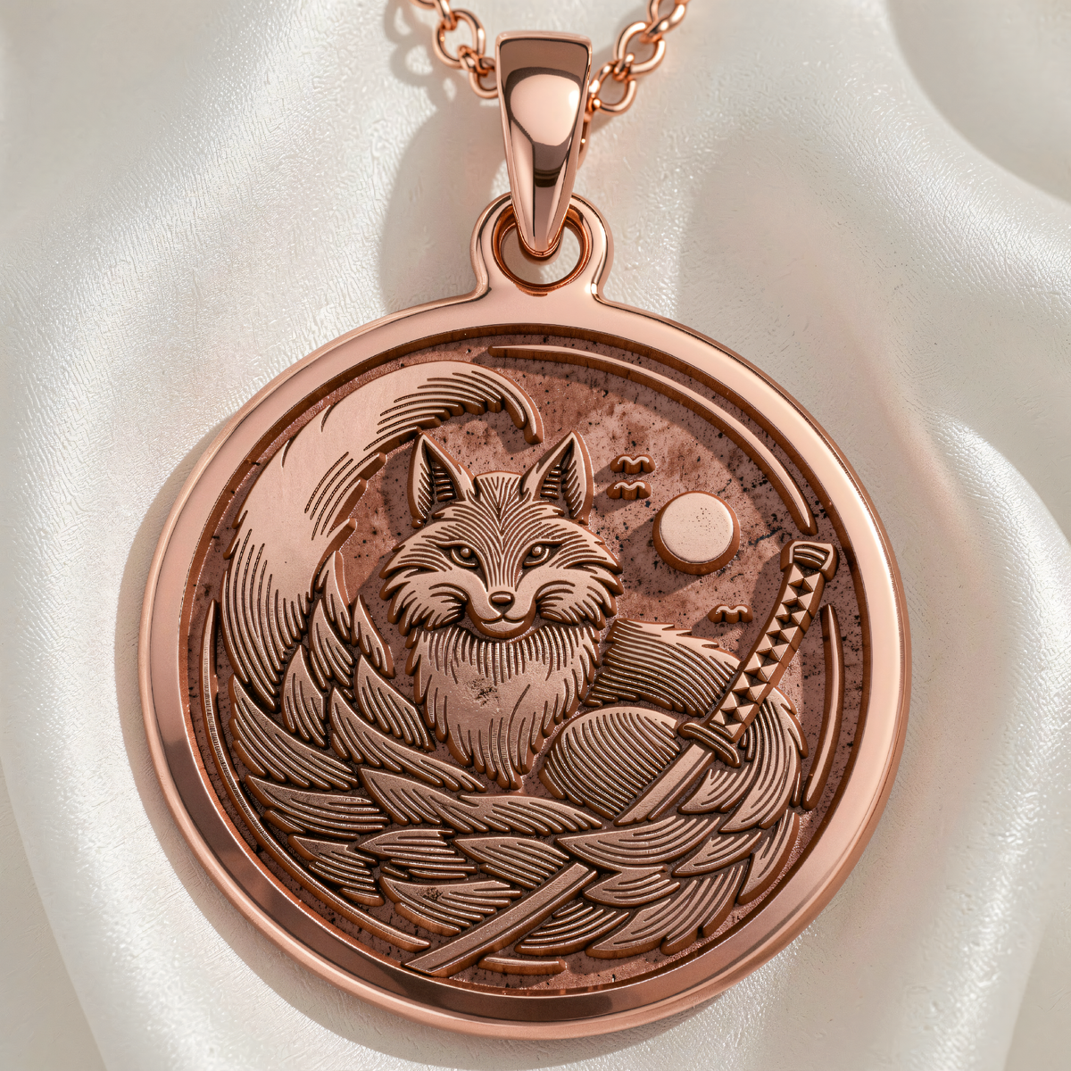 Kitsune Fox Medallion Necklace in 14K Rose Gold Plated front view showing the fox, crescent tail, moon and katana details.